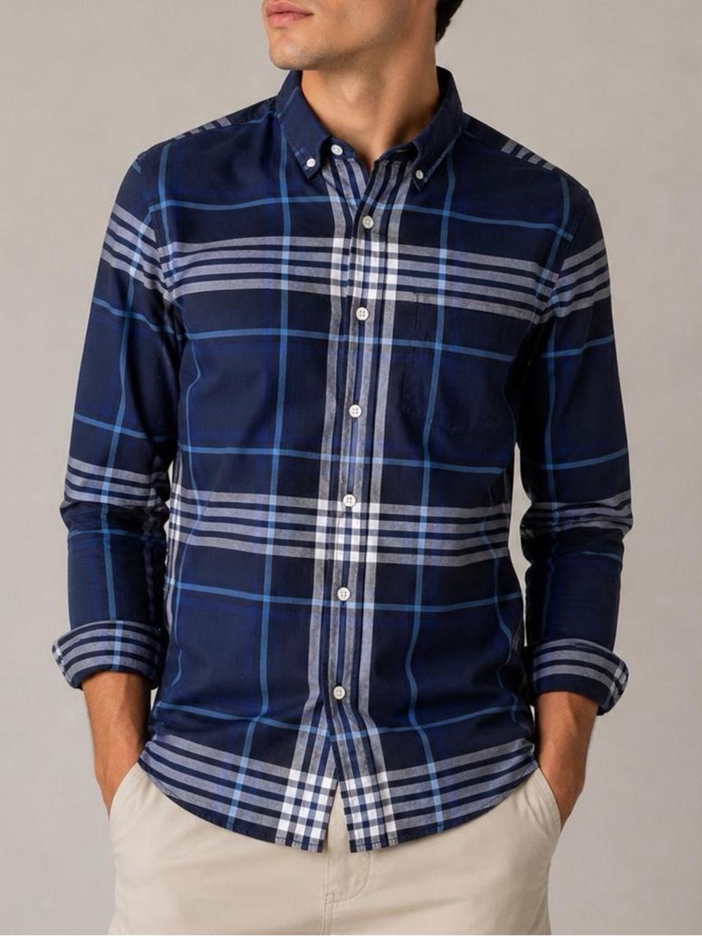 J.Crew Thomas Mason Slim Fit Blue Plaid Cotton Shirt (XS)